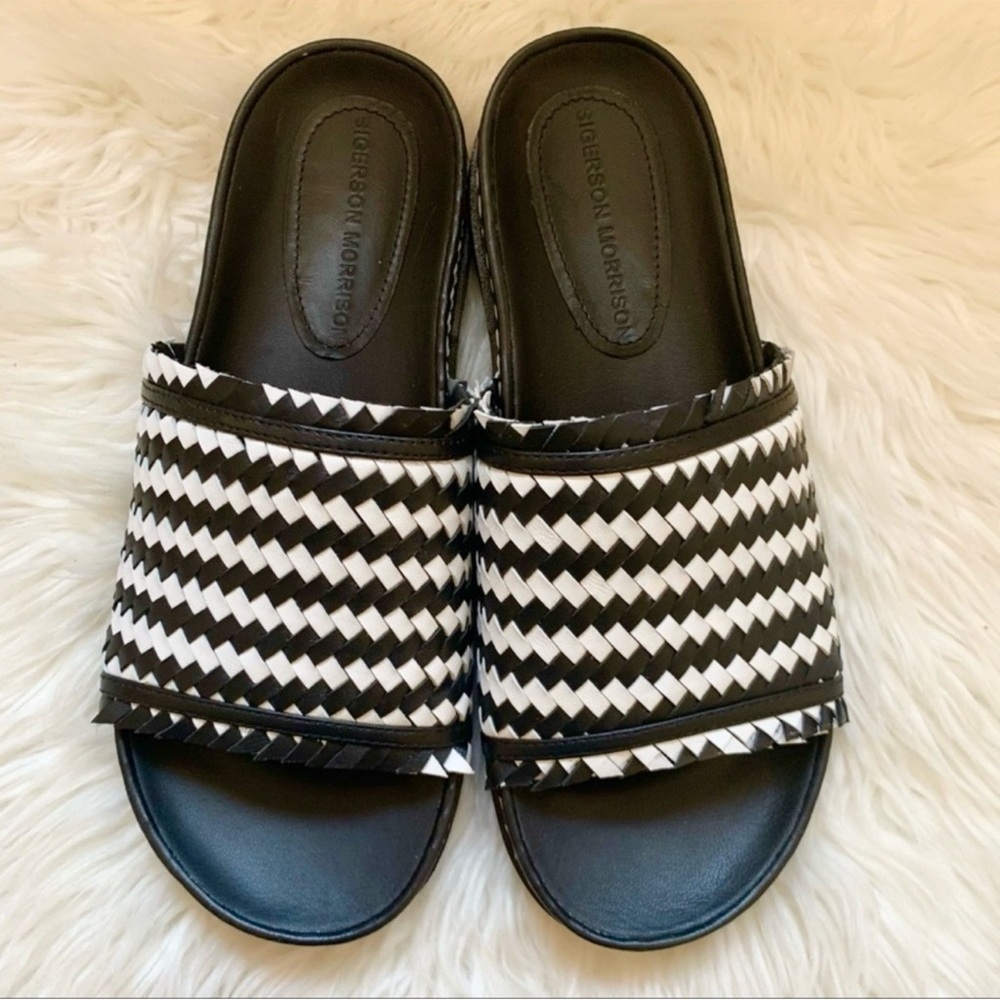 New! Sigerson Morrison Aoven Woven Leather Sandlas Slides in Black White